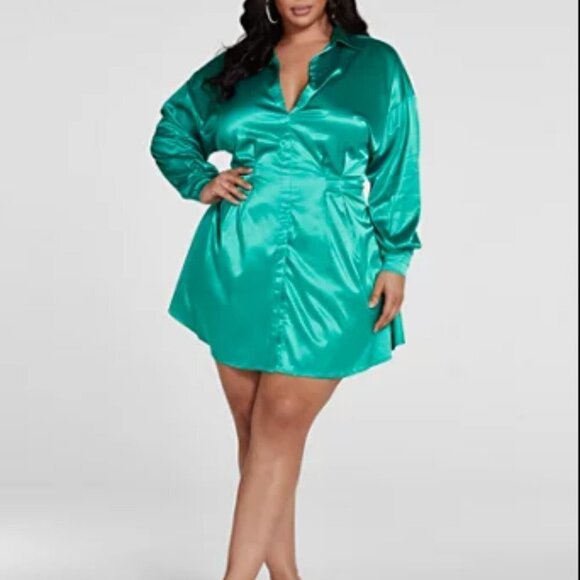 #5❤️ NWOT FASHION TO FIGURE Sharane Satin Shirt Dress - Picture 3 of 4